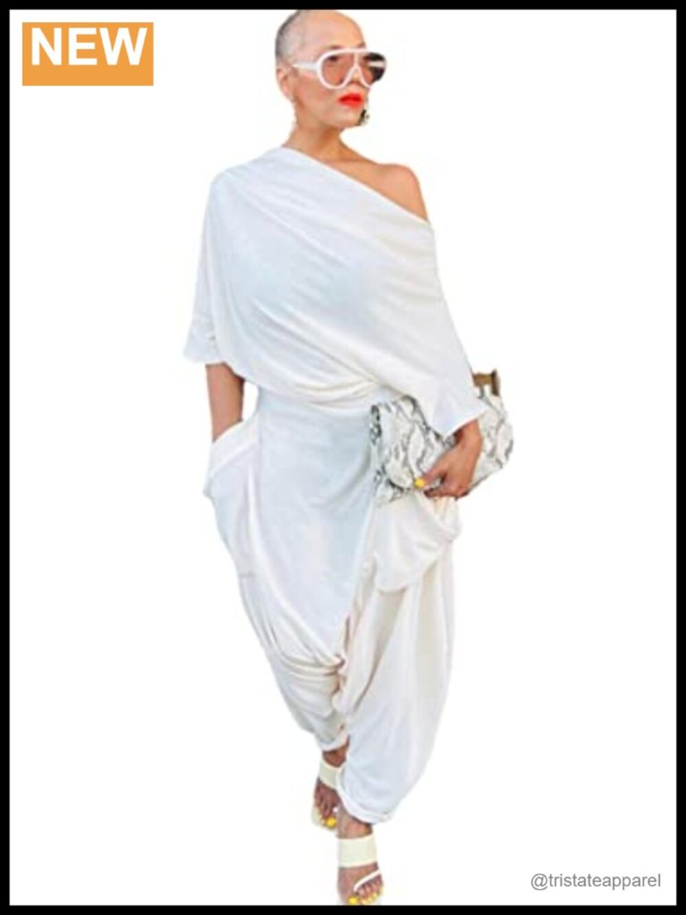 Slash Neck Off Shoulder Harem Jumpsuit with Pockets Cotton Blend Loose Fit